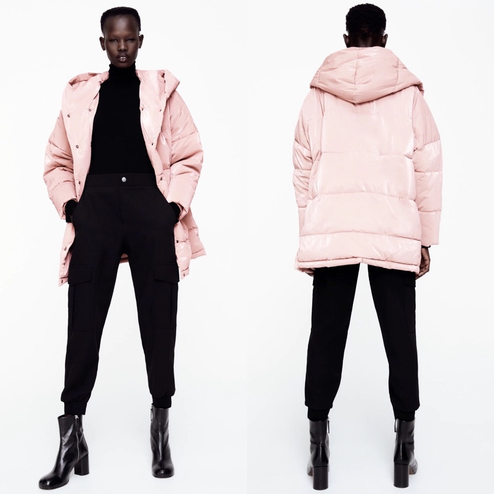 Zara HOODED PUFFER COAT JACKET PINK SHIMMER NEW